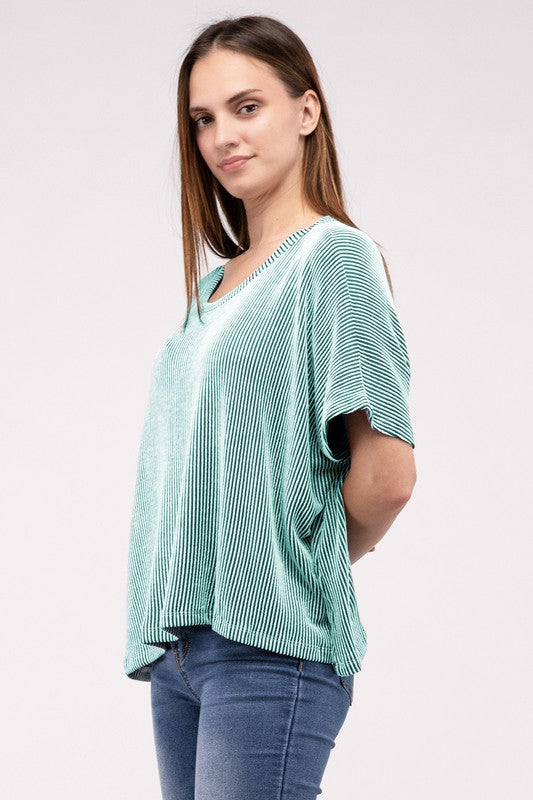 Ribbed Striped Oversized Short Sleeve Top