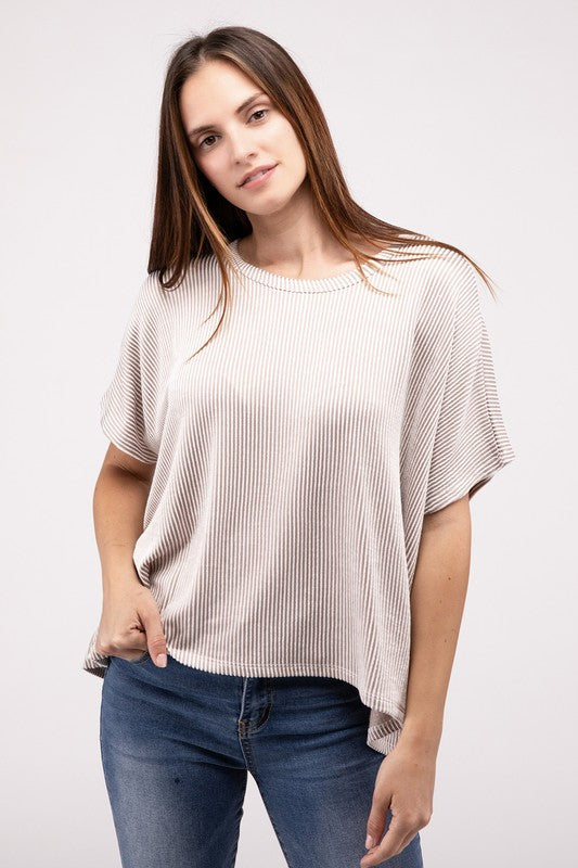 Ribbed Striped Oversized Short Sleeve Top