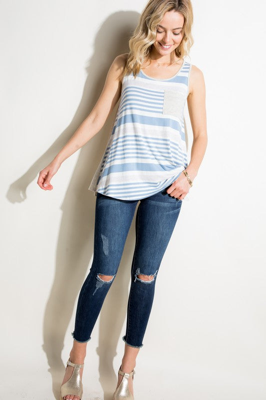 STRIPE SOLID MIXED POCKET TANK TOP