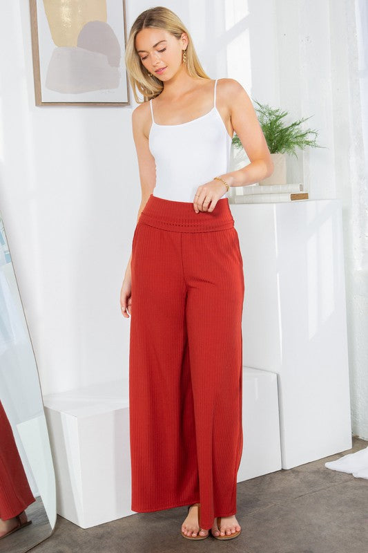 Wide Leg Ribbed Pants with Side Pockets