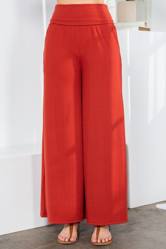 Wide Leg Ribbed Pants with Side Pockets