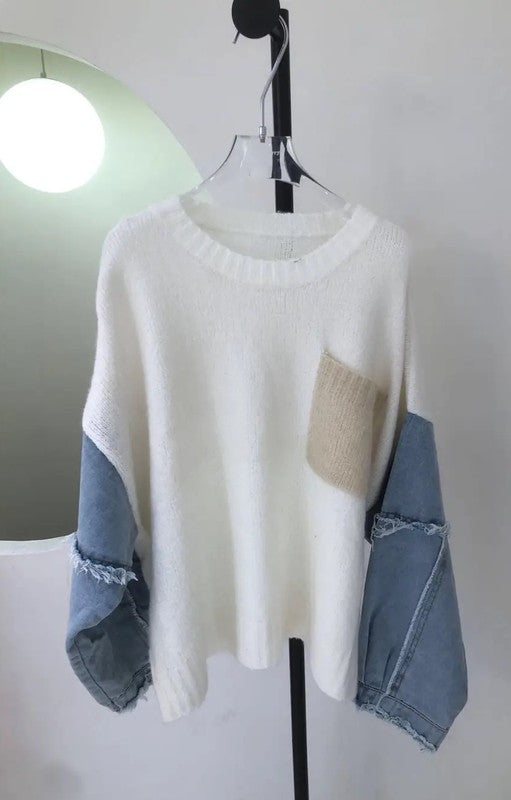 Denim sleeve knit sweater