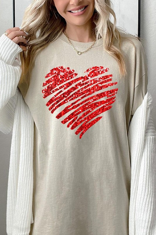 Faux Sequins Scribble Heart Graphic Heavy Cotton T