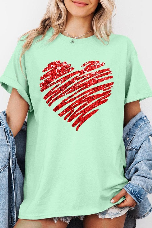 Faux Sequins Scribble Heart Graphic Heavy Cotton T