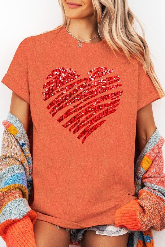 Faux Sequins Scribble Heart Graphic Heavy Cotton T