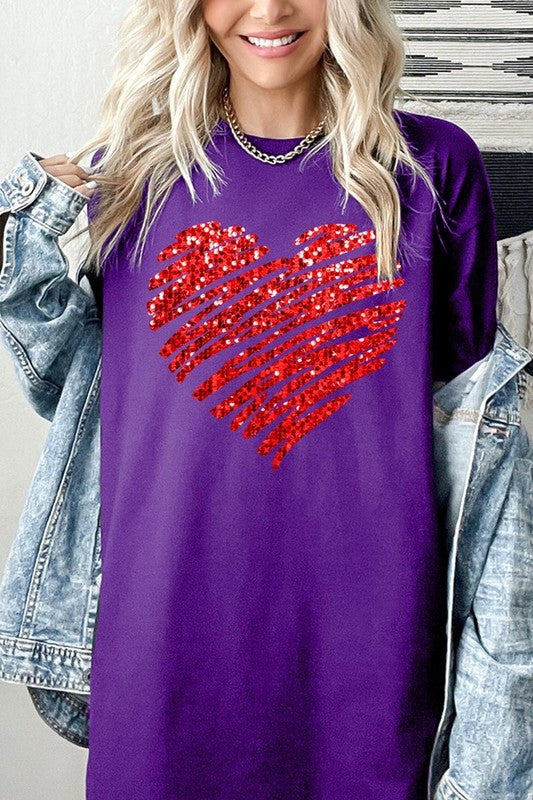 Faux Sequins Scribble Heart Graphic Heavy Cotton T