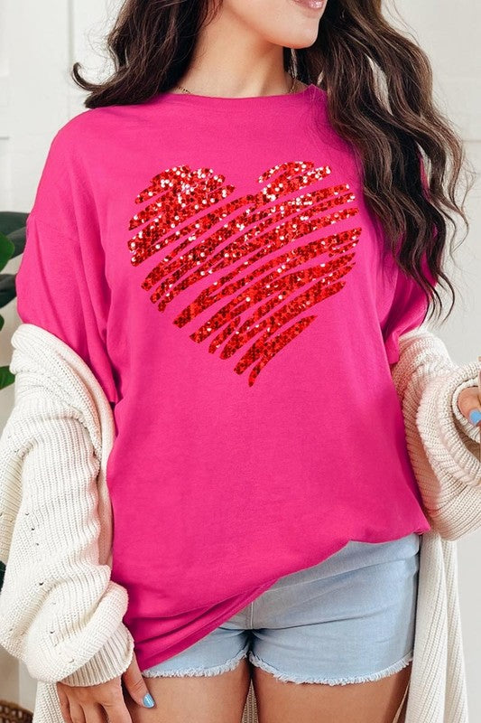 Faux Sequins Scribble Heart Graphic Heavy Cotton T