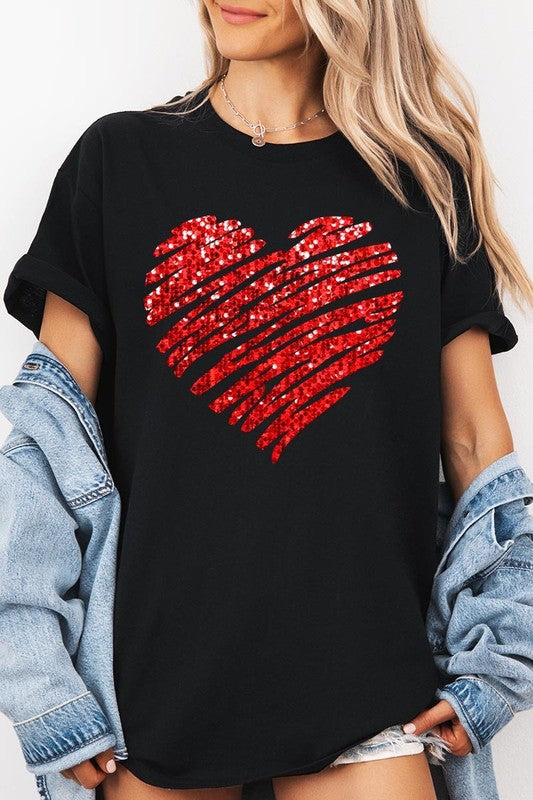 Faux Sequins Scribble Heart Graphic Heavy Cotton T