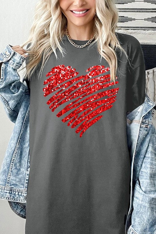 Faux Sequins Scribble Heart Graphic Heavy Cotton T