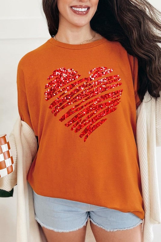 Faux Sequins Scribble Heart Graphic Heavy Cotton T