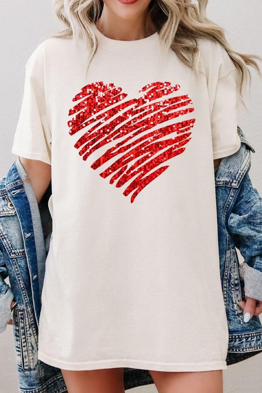 Faux Sequins Scribble Heart Graphic Heavy Cotton T