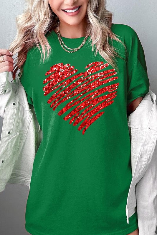 Faux Sequins Scribble Heart Graphic Heavy Cotton T