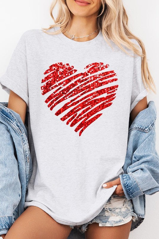 Faux Sequins Scribble Heart Graphic Heavy Cotton T