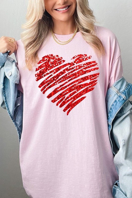 Faux Sequins Scribble Heart Graphic Heavy Cotton T