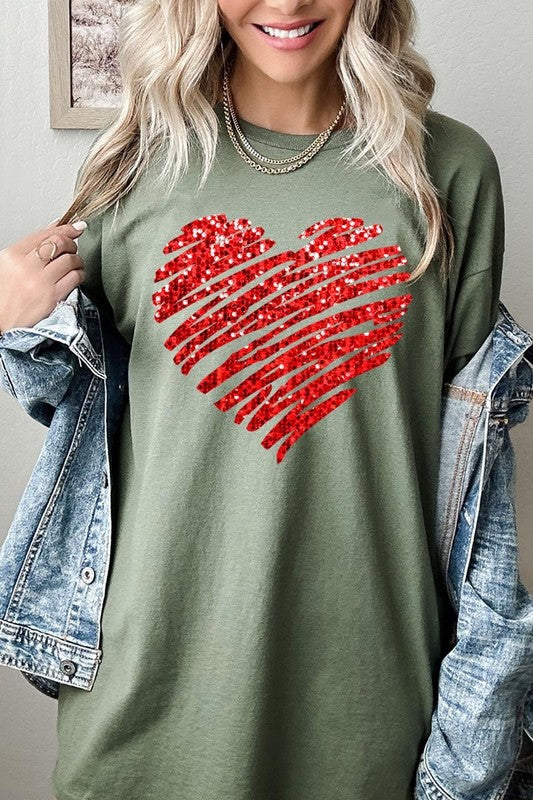 Faux Sequins Scribble Heart Graphic Heavy Cotton T