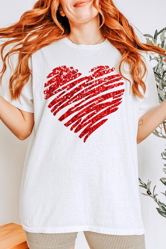 Faux Sequins Scribble Heart Graphic Heavy Cotton T