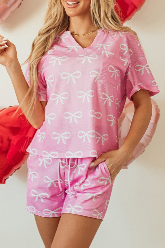 Knit Bowknot Printed V Neck T Shirt and Shorts Set