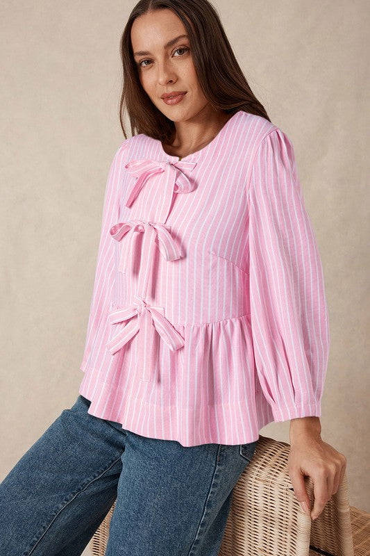 Stripe Bowknot Front Crew Neck Puff Sleeve Blouse