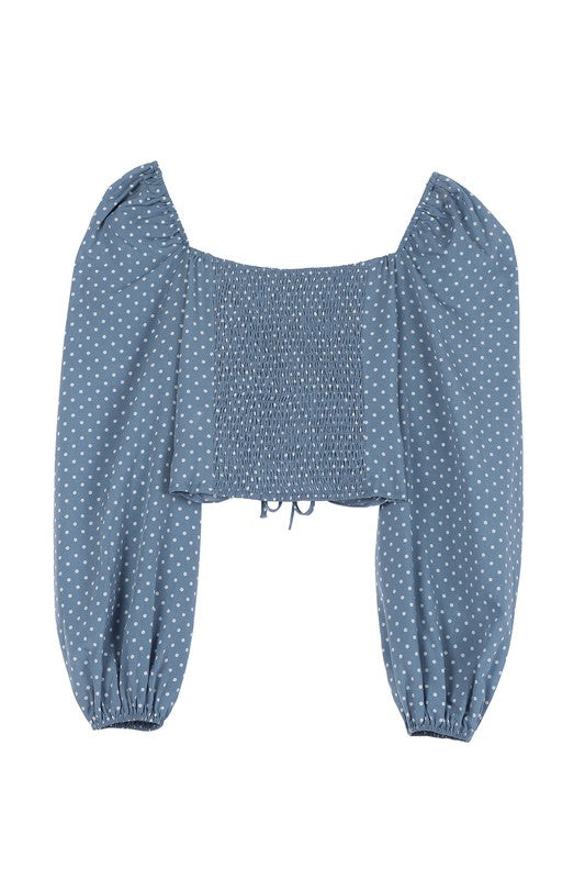 Ruched polka dot crop top with puff sleeves