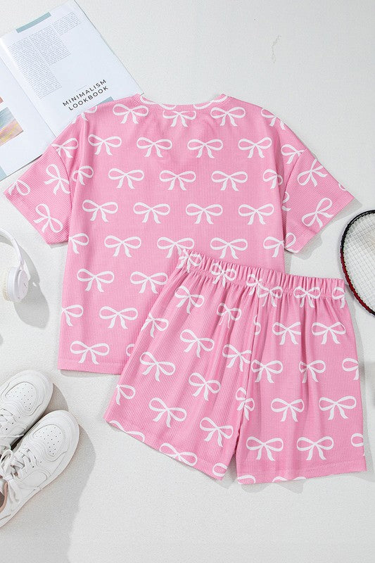 Knit Bowknot Printed V Neck T Shirt and Shorts Set