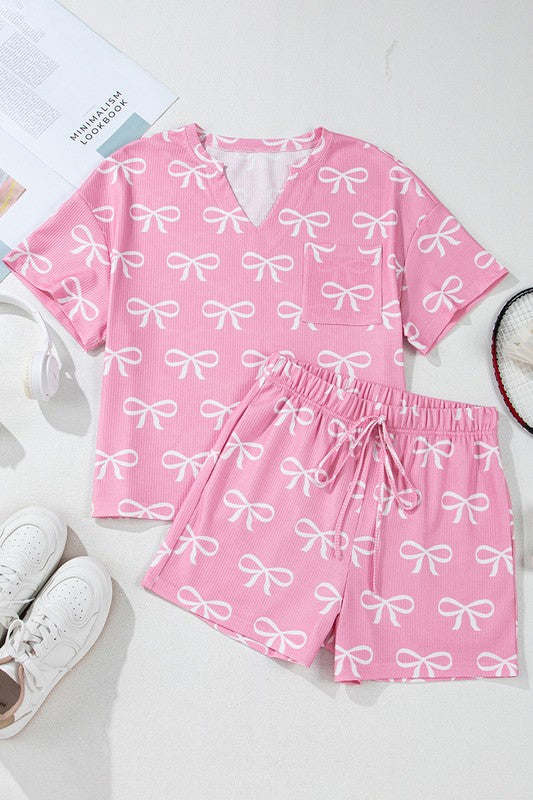 Knit Bowknot Printed V Neck T Shirt and Shorts Set